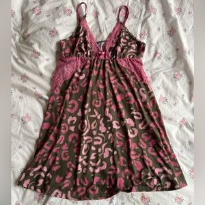 Daniela Tombini Pink Leopard Satin Chemise Lace Lingerie Dress XS/S
